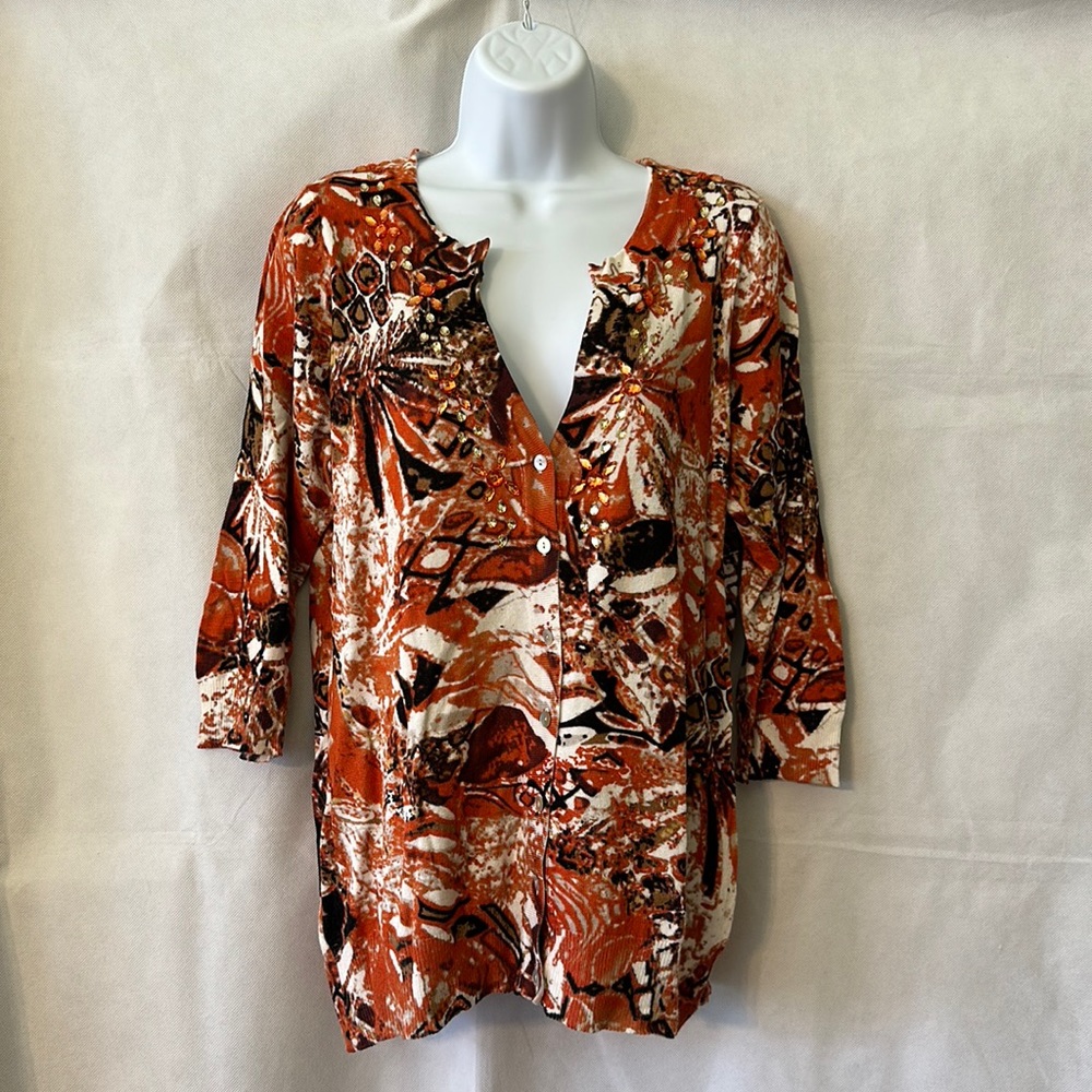 Christopher & Banks Jeweled Tribal Print V-Neck Cardigan